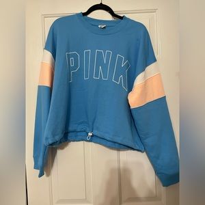 PINK Victorias Secret Large Cropped Pull String Sweatshirt Blue White And Peach